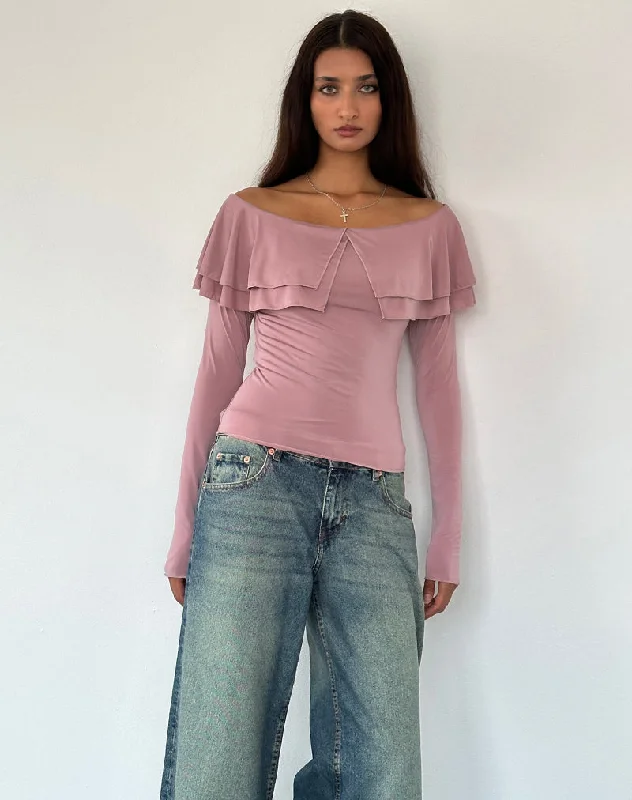 Turtleneck Women Long Sleeve Top for Cold Winter DaysAnnia Ruffle Bardot Soft Touch Top in Pink