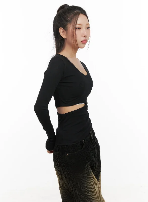 Cropped Women Long Sleeve Top to Pair with High - Waisted BottomsV-Neck Cut-Out Top CD416