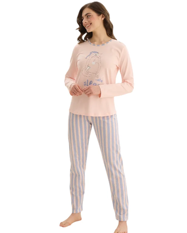 Bell - Bottom Style Women's Denim Pants with Embroidered DetailsLong Striped Pants & Printed Long Sleeve Top Sleepwear Set