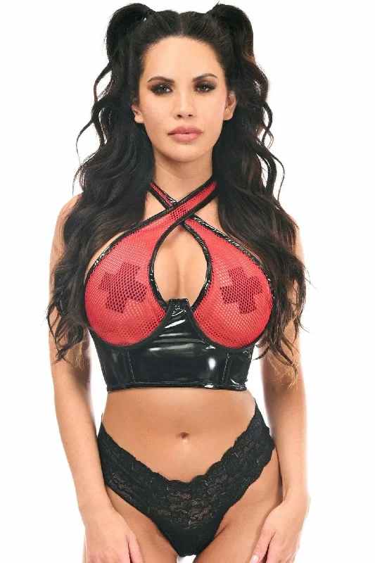 Tie - dye halter top crafted from organic cotton for a bohemian styleSexy Red with Black Vinyl & Fishnet Halter Top Underwire Cincher