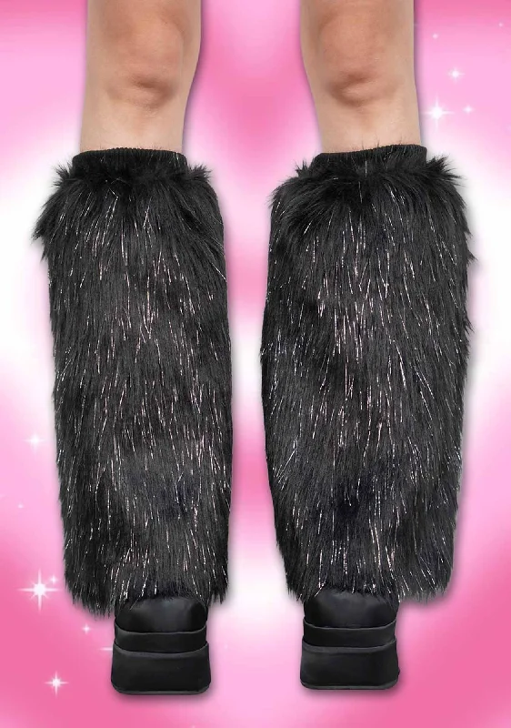 Black Silver Faux Fur Y2K Leg Warmers Cherrykitten