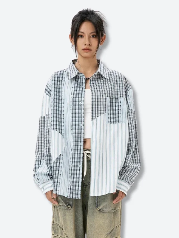 Women's sheer long sleeve mesh shirt for layeringPatchwork Striped & Plaid Shirt