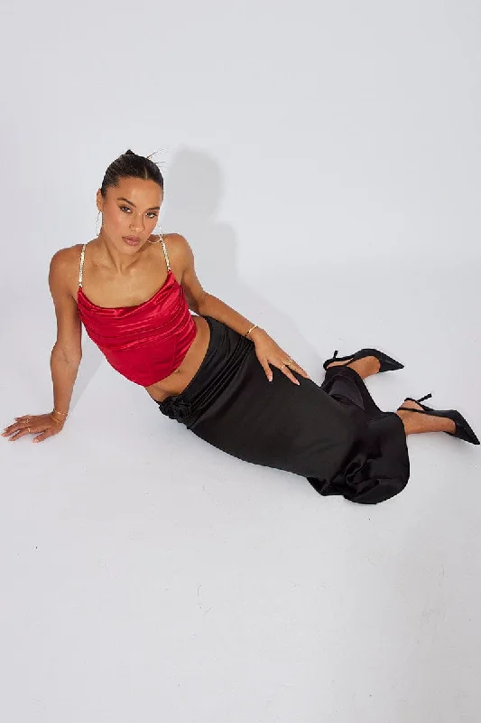 Denim skirts with distressed details Black Satin Rose Flower Brooch Maxi Skirt
