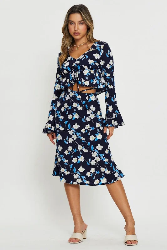Skirts with a ruched design Print Midi Skirt Tie Waist