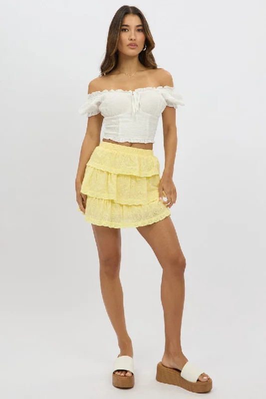 Skirts for outdoor activities Yellow Mini Skirt Elastic Waist Layered Broidery Eyelet