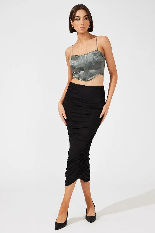 Skirts for a holiday Black Abstract Midi Skirt Side Ruched Mesh