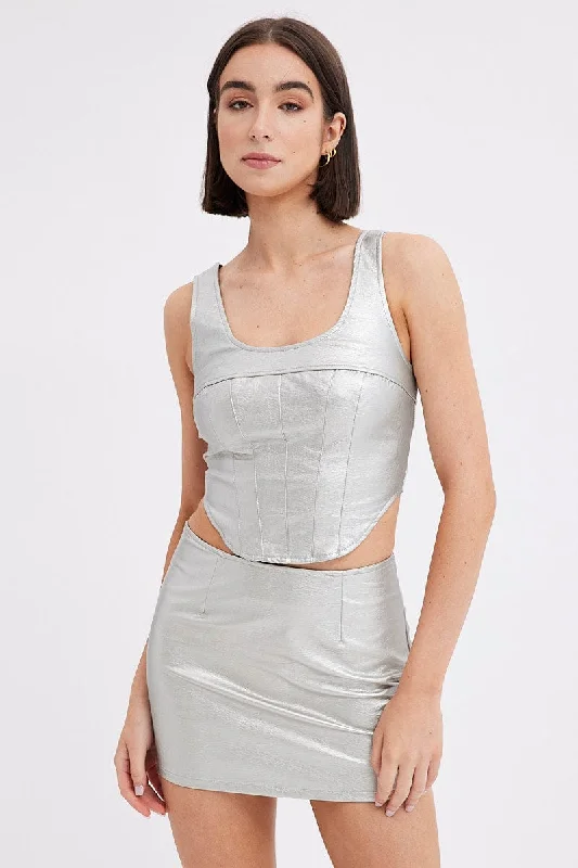 Skirts with adjustable waistbands Metallic Mini Skirt Mid Rise PU Faux Leather Silver Skirts with adjustable waistbands Metallic Mini Skirt Mid Rise PU Faux Leather Silver