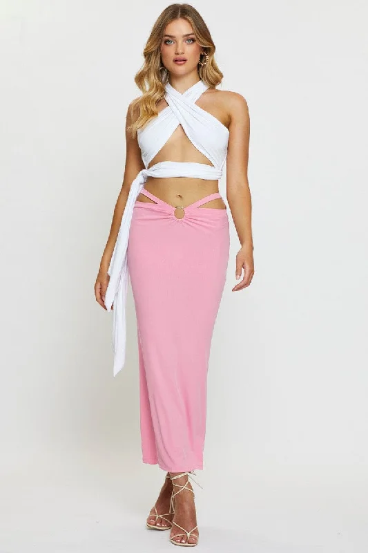 Skirts with belt loops Pink Midi Skirt Rig Detailed Ribbed Jersey