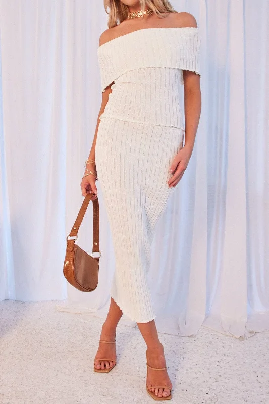 Skirts for cocktail parties White Knit Skirt Midi High Rise Relaxed Fit