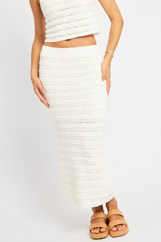 Skirts with a side zipper White Crochet Skirt High Rise Elastic Waistband Midi