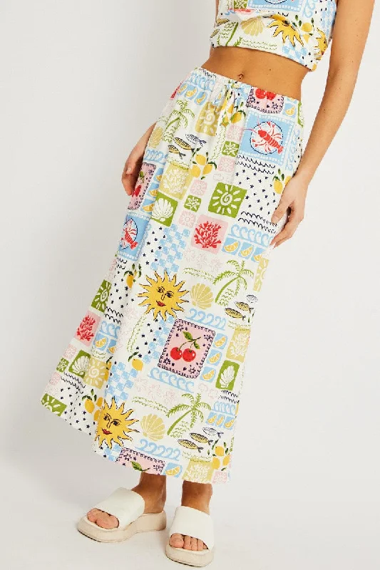 Skirts with a tiered ruffle Multi Abstract Midaxi Skirt Relaxed Fit Elastic Waist