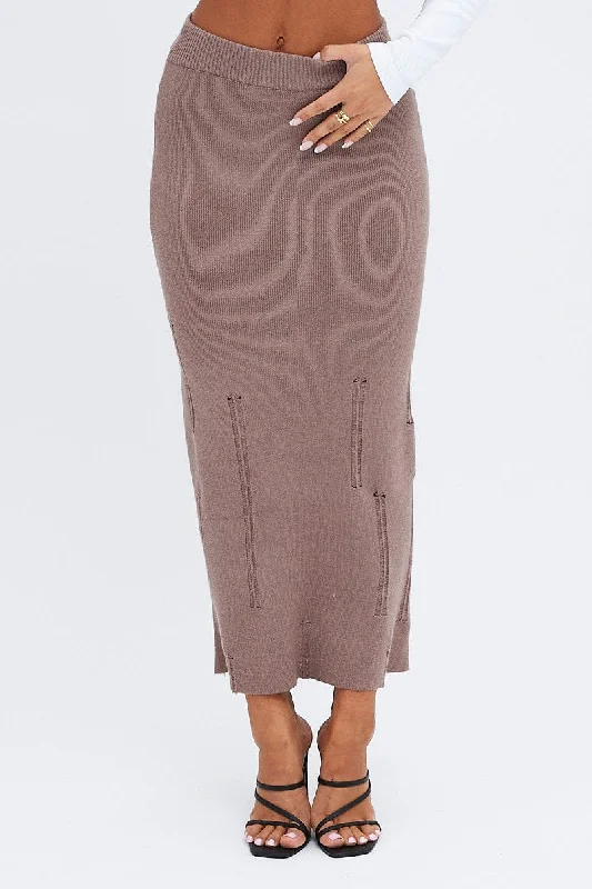Skirts for a nature walk Brown Midi Skirt High Waisted A-line Ladder Knit