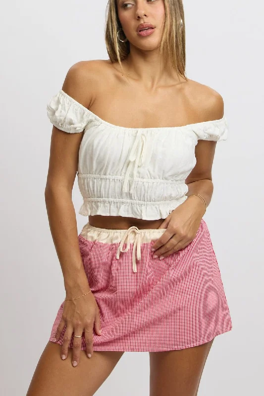 Corduroy skirts for winter Red Check Mini Skirt Elasticated Waist Satin Contrast