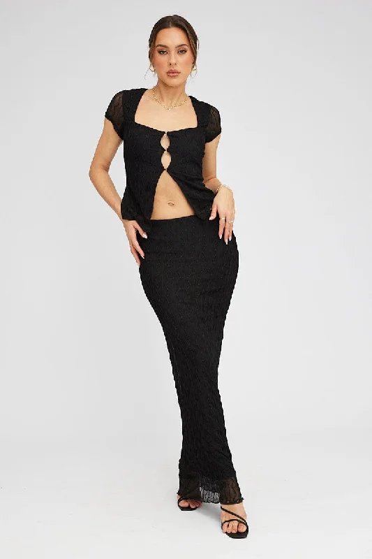 Denim skirts with embroidery Black Maxi Skirt High Rise Bodycon Elastic Waist Lace