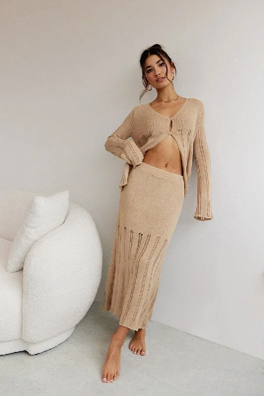Mini denim skirts for teenagers Beige Midi Skirt High Waisted A-line Ladder Knit
