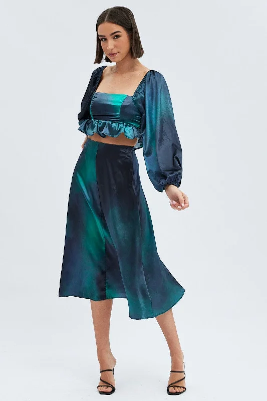 High - waisted skirts for tummy control Green Print Midi Skirt High Waisted A-line Panelled Satin
