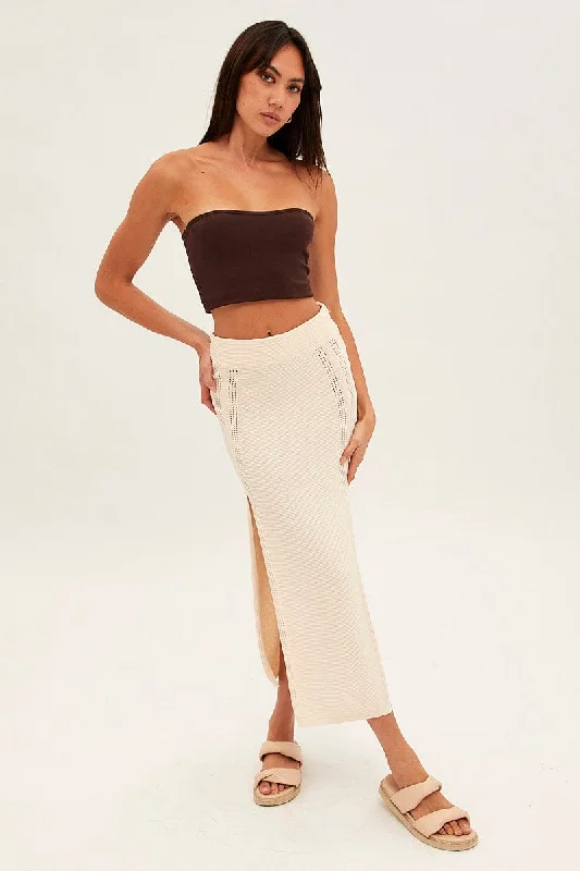 Elastic - waisted maternity skirts Beige Midi Skirt Knit Front Split