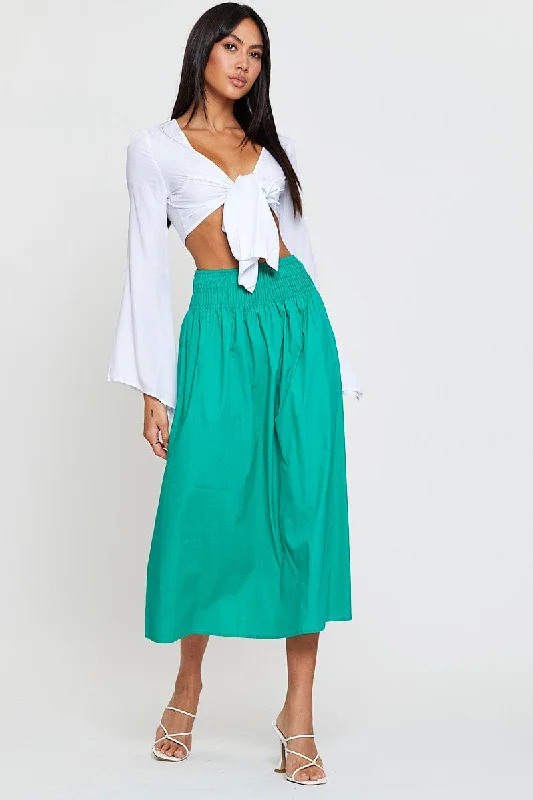 Skirts with a back vent Green Midi Skirt High Rise Shirred Waist