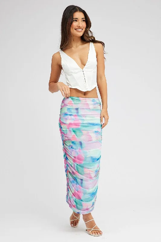 Skirts for a photo shoot Multi Abstract Midi Skirt Side Ruched Mesh