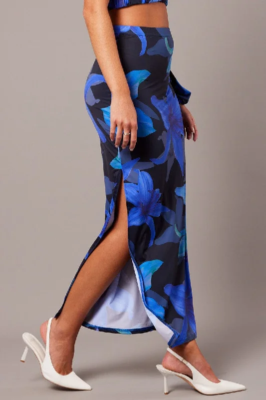 Skirts with a geometric pattern Blue Floral Maxi Skirt Tube Side Split Skirt