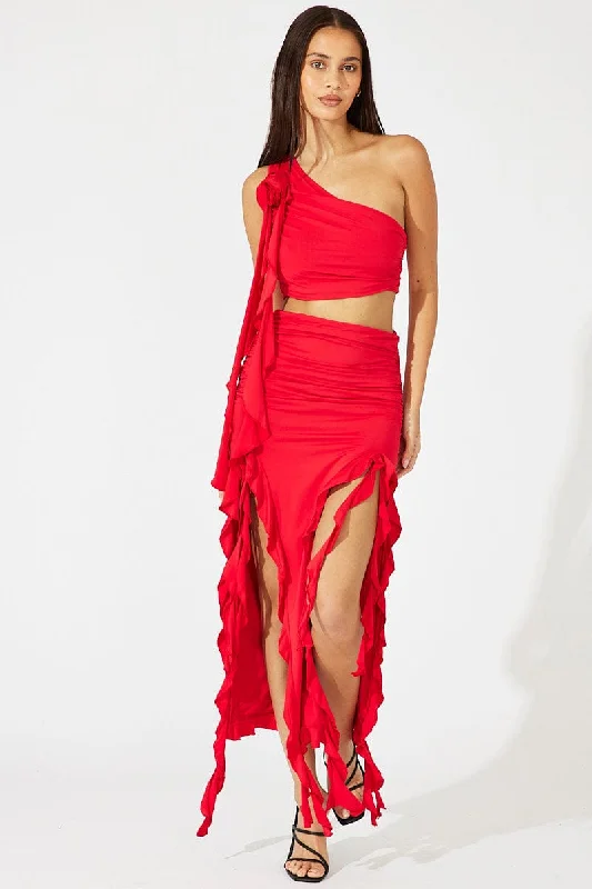 Skirts with a back vent Red Ruffle Maxi Skirt