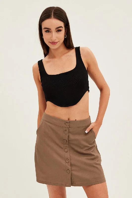 Skirts for a romantic date Brown Linen Blend Button Front Mini Skirt