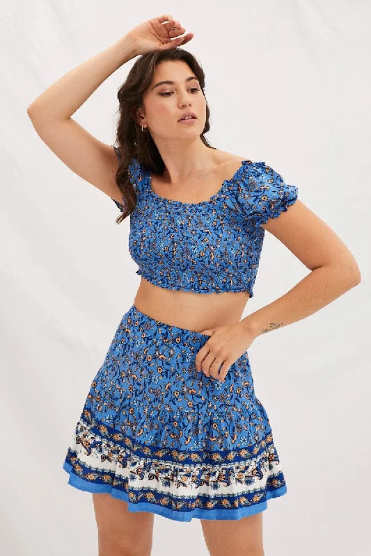 Skirts with a pleated front Boho Print Elastic Waist Boho Mini Skater Skirt