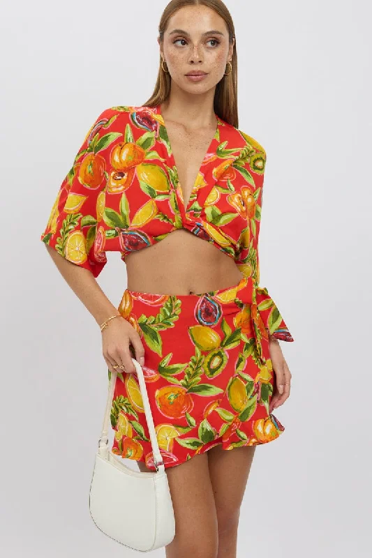 Skirts with side slits Red Abstract Wrap Skirt High Waisted Mini Ruffle