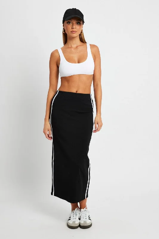 Skirts with a front zipper Black Midi Skirt Side Stripe