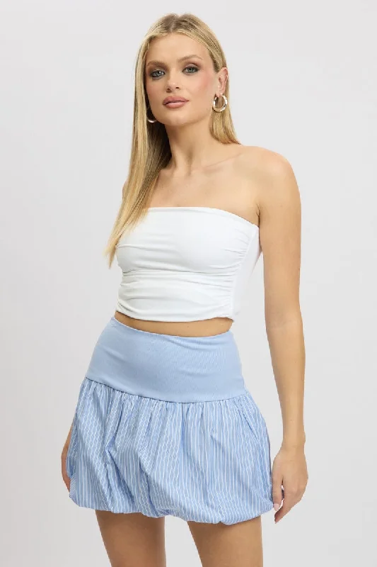 Skirts with a tiered ruffle Blue Stripe Bubble Skirt High Rise Rib Waist Mini Balloon