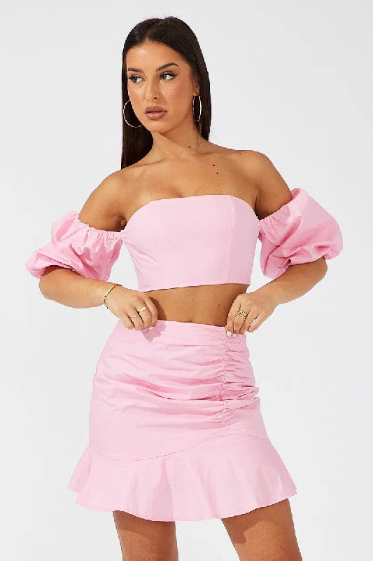Skirts with decorative buttons Pink Mini Skirt Ruched Detail Ruffle Hem
