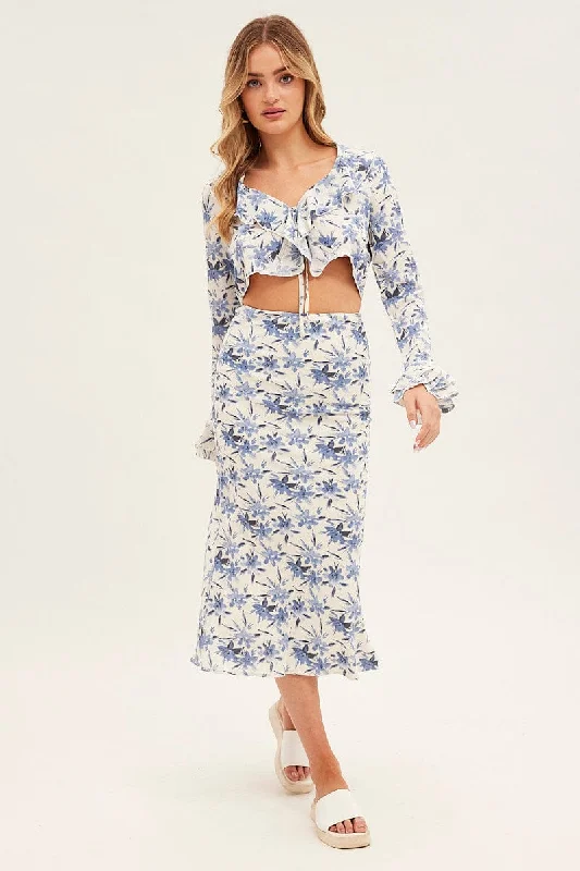 Button - down skirts for a classic style Blue Floral Midi Skirt Slip Floral Print
