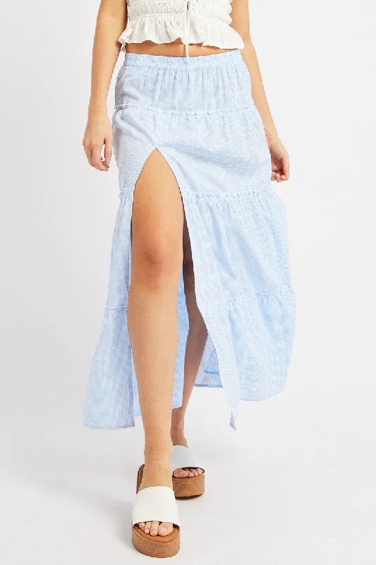 Skirts with hidden pockets Blue Check Tiered Maxi Slit Skirt