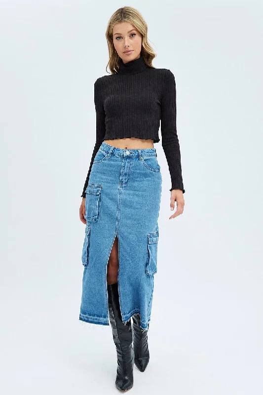 Long skirts for tall women Blue Denim Maxi Skirt Cargo