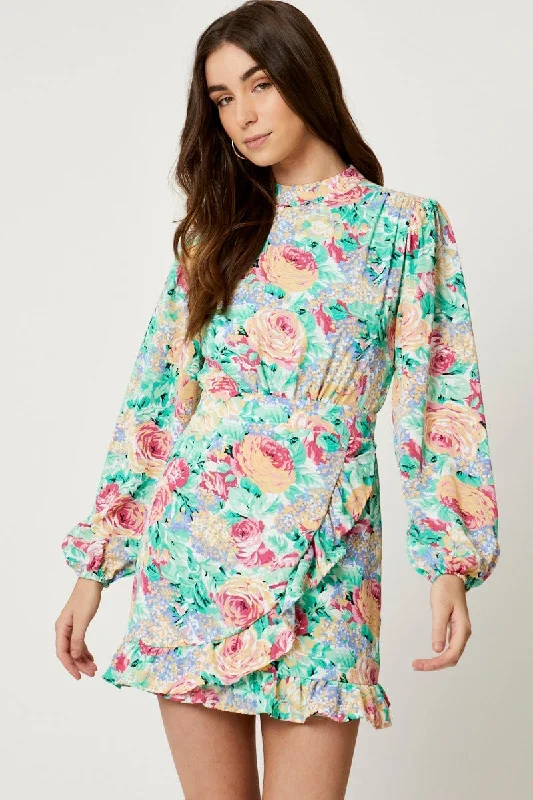 Skirts with a patchwork pattern Print High Neck Wrap Skirt Dress