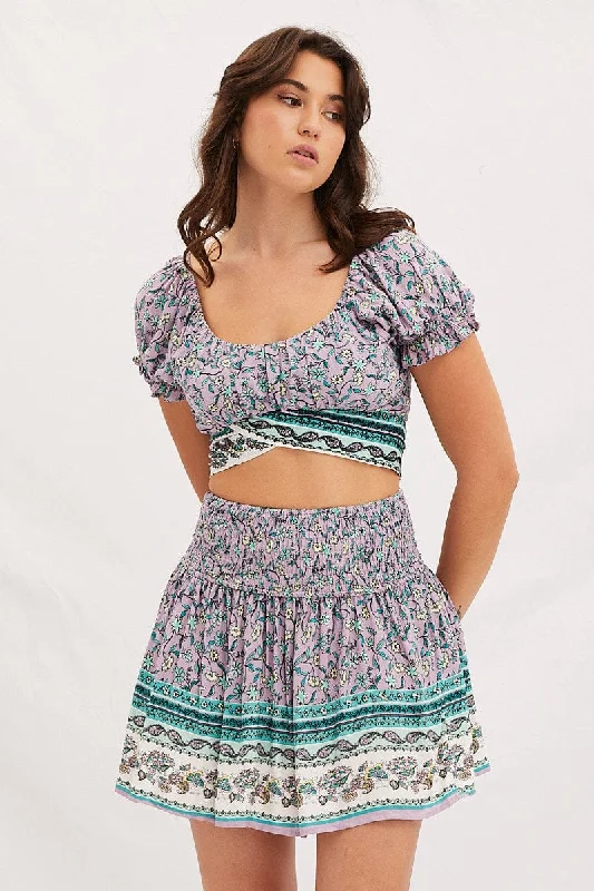 Skirts for a garden party Boho Print Shirred Waist Boho Mini Skater Skirt