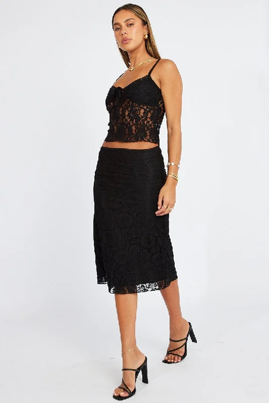 Skirts with a patchwork pattern Black Lace Skirt High Rise