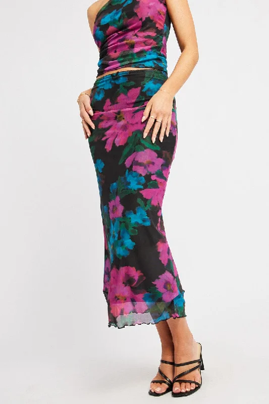 Wrap skirts for women with curves Multi Floral Mesh Skirt Elasticated Picot Trim Midaxi