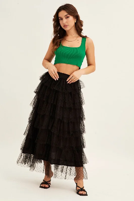 Skirts with a pleated front Black Midi Skirt Tulle Elastic Waist Mesh
