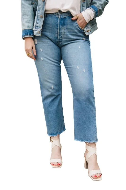 Embellished women jeans with studs or rhinestones for a glamorous touch501 Straight Crop Jeans In Indigo Destructed