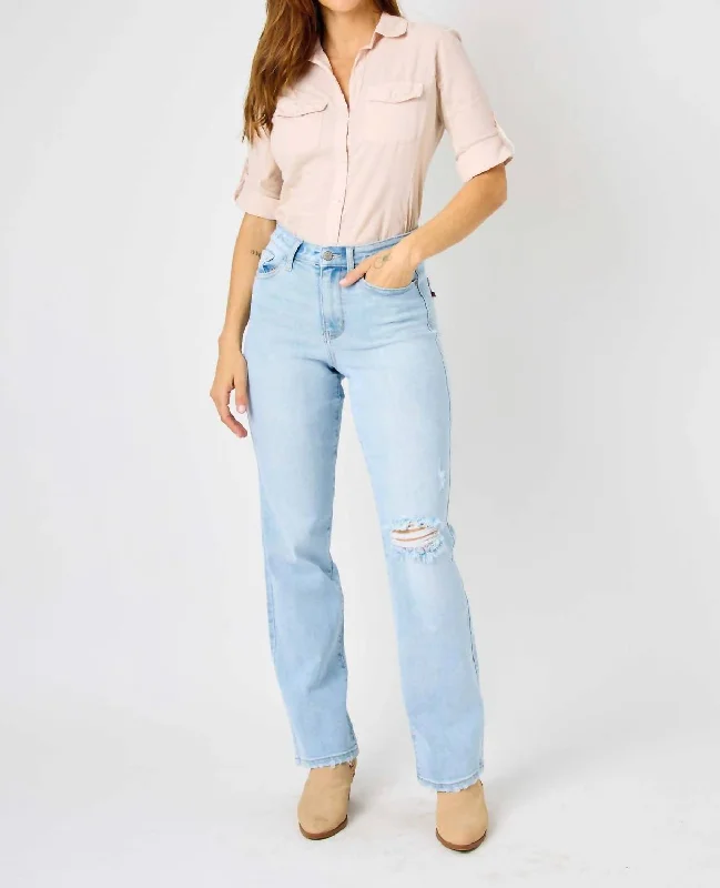 Distressed women jeans for a trendy and edgy lookDestroy & Back Ripped 90's Straight Leg Jeans In Light Blue Wash