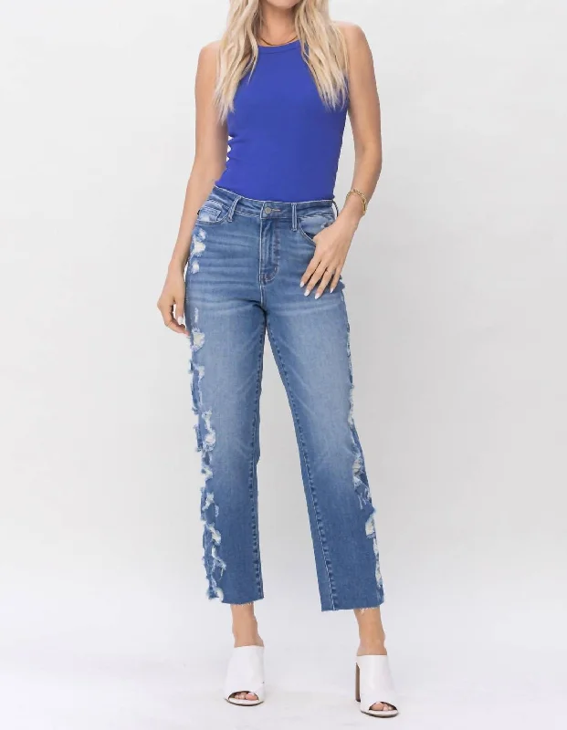 Embroidered women jeans with intricate patternsHigh Waist Destroyed Sideseam Crop Jeans In Medium Wash