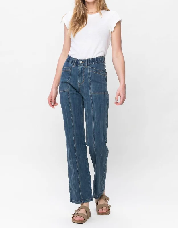 Cargo women jeans with multiple pockets for added functionalityHigh Waist Vintage Elastic Waist Straight Jeans In Medium Wash