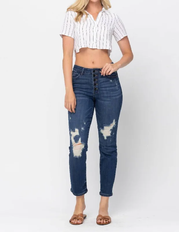 Light - wash women jeans for a fresh and summery appearanceHigh Waist Zigzag Button Fly Boyfriend Jeans In Blue