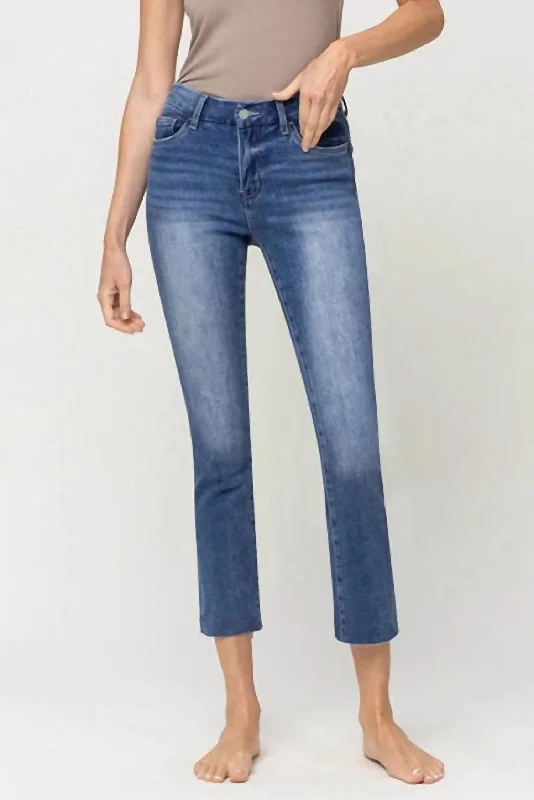 High - rise flare women jeans for a 70s - inspired lookMid Rise Crop Stretch Slim Straight Jeans In Blue