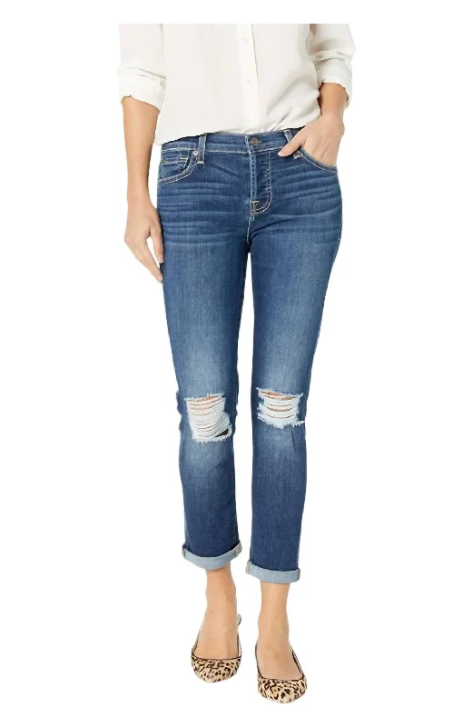 Skinny women jeans with a form - fitting designMid Rise Destroyed Denim Jeans In Navy