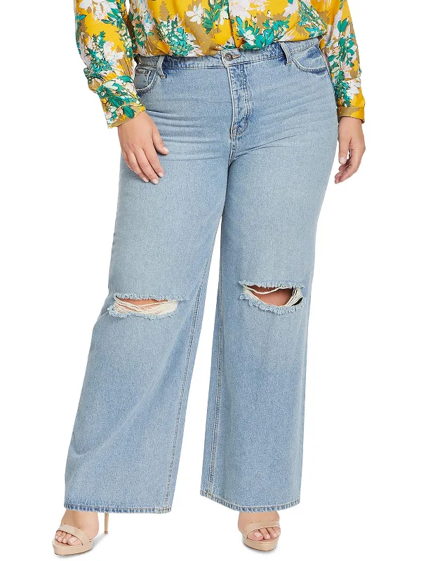 Stretch women jeans for enhanced mobility and comfortPlus Womens Destroyed Denim Wide Leg Jeans