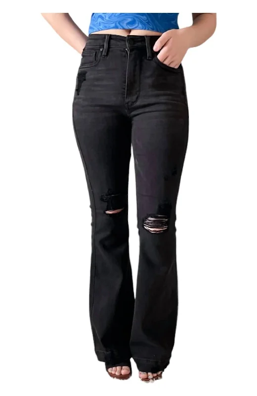 Distressed women jeans for a trendy and edgy lookTummy Control Destroy Flare Jeans In Black