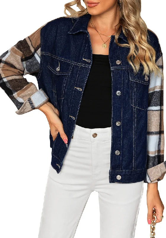 Dark Blue + Brown Plaid Women's Denim Oversized Plaid Shacket Jacket Vintage Shirt Jackets