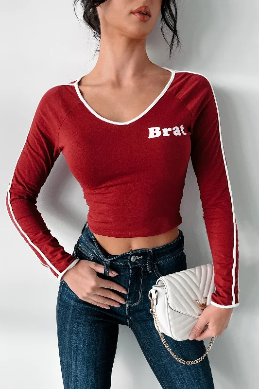 Women's Longline Boyfriend - Style Sweater in Gray for a Relaxed and Casual Outfit"Brat" Graphic Long Sleeve Top (Burgundy)